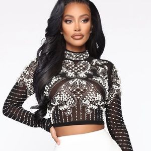 NWT FashionNova 🖤 Black Pearl Sheer Crop Size XS